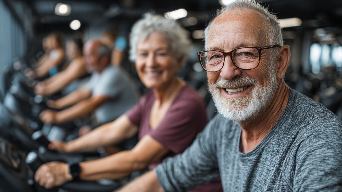 Група людей зрілого віку займається фітнесом в затишному залі